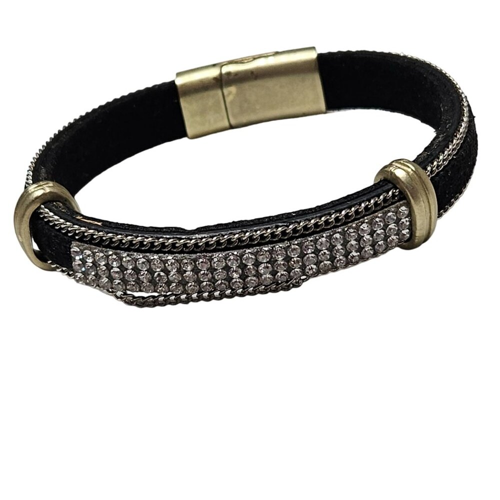 Gothic Black Leather Rhinestone Bracelet Punk Fashion Jewelry Women Magnetic